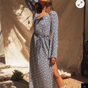 Lulu's Blue and White Long Sleeve Sundress with Square Neck